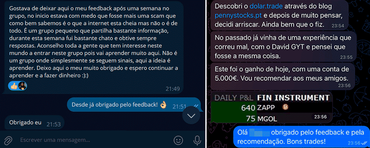 Feedback dos membros dolar.trade